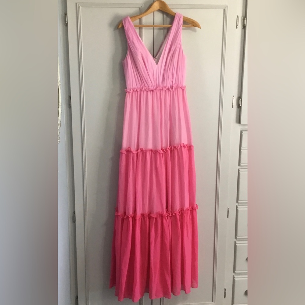 AIDEN AIDEN MATTOX Pink Colorblock Tiered Ruffle Maxi Dress size 0 - Picture 2 of 14